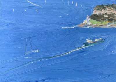 Manly ferry-Big yacht and South head-Plein air-Oil on oil paper-50cm x 55cm framed-David K Wiggs 2020